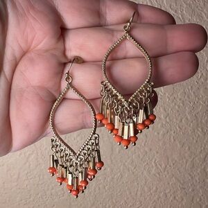 Y2K Boho Chandelier Earrings with Faux Coral Beads, Goldtone Marquise Dangles​